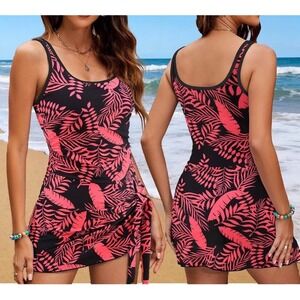 Viaurbe Pink Tropical Floral Swim Dress One Piece Boy Short Lining NWT Large